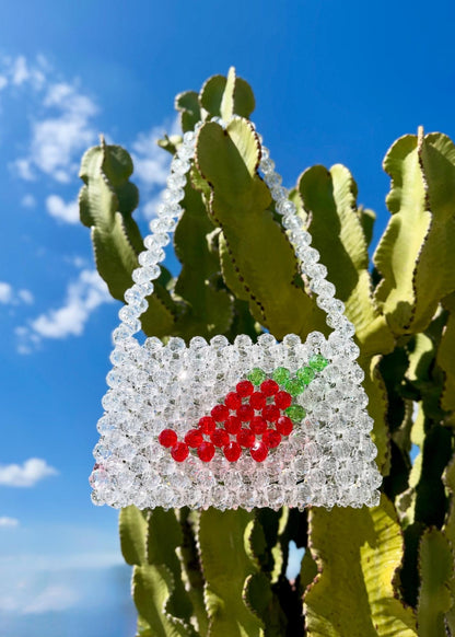 Crystal handbag with red berry design against a cactus and blue sky background